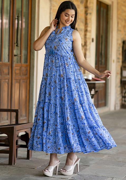 Blue Floral Print Georgette Kurta