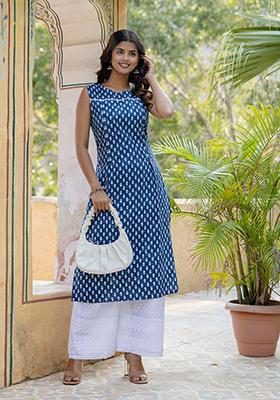 Blue Printed Pure Cotton Kurta
