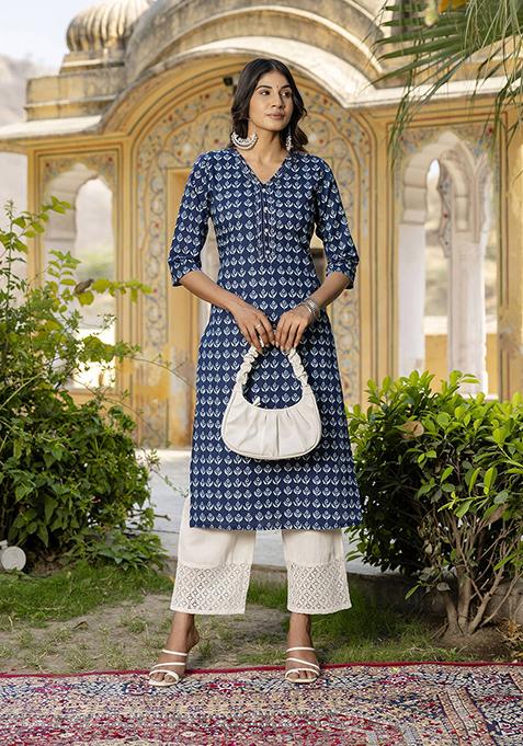 Blue Printed Pure Cotton Kurta