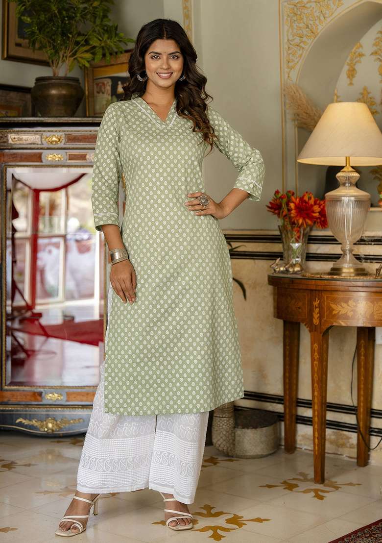Green Printed Cotton Straight Kurta Set - Indya