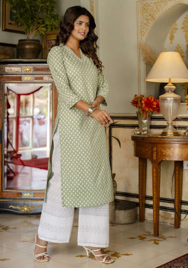 Green Printed Cotton Straight Kurta Set - Indya