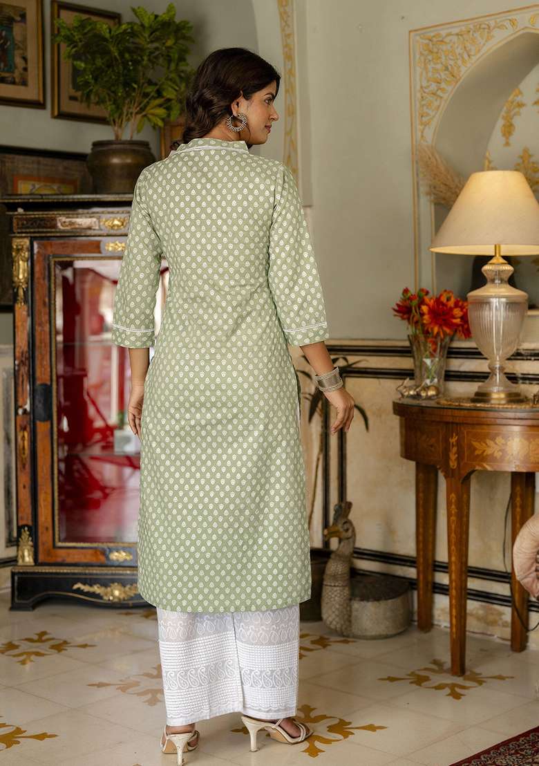 Green Printed Cotton Straight Kurta Set - Indya