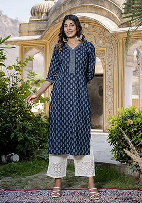 Blue Printed Pure Cotton Kurta