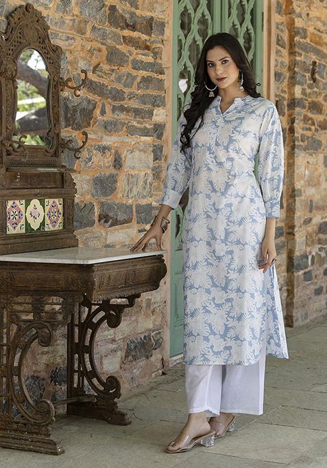 Blue Printed Pure Cotton Kurta