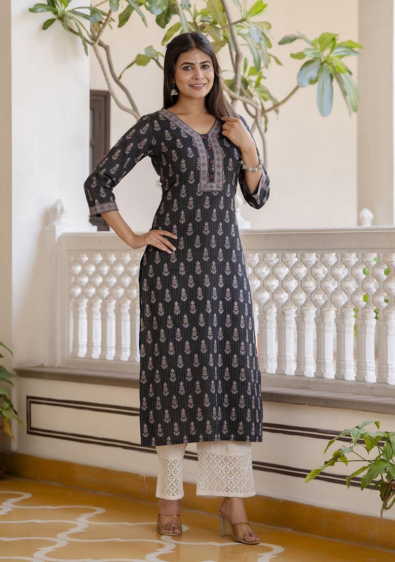 Black Printed Pure Cotton Kurta - Indya
