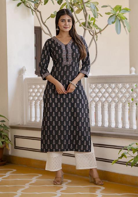 Black Printed Pure Cotton Kurta