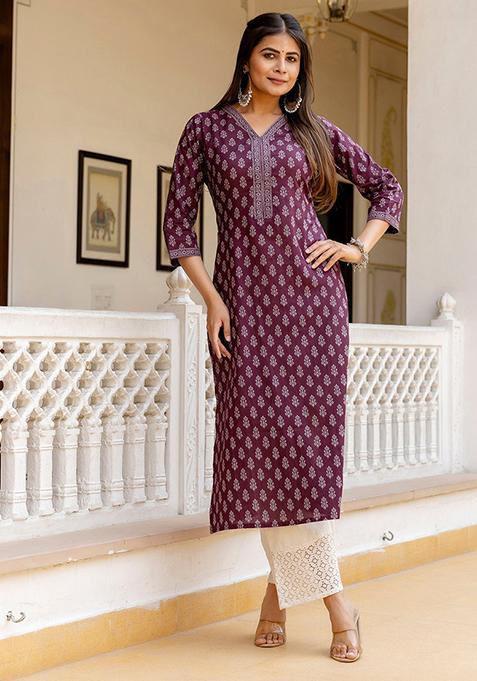 Burgundy Printed Pure Cotton Kurta