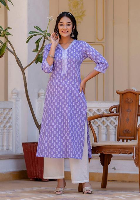 Purple Printed Pure Cotton Kurta