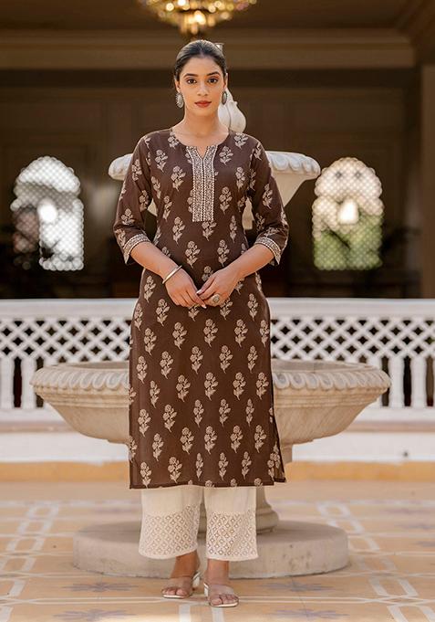 Brown Printed Pure Cotton Kurta