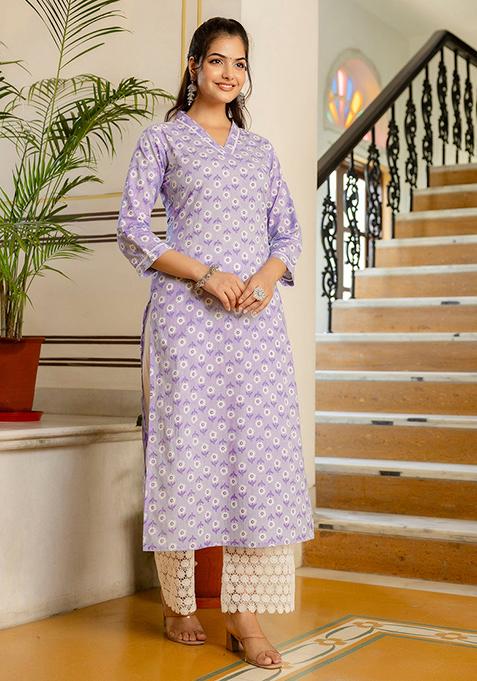 Purple Printed Pure Cotton Kurta