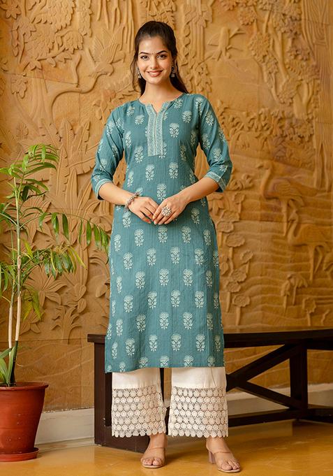 Blue Printed Pure Cotton Kurta