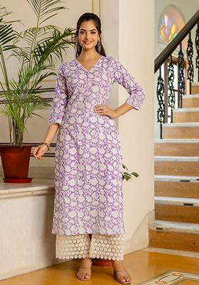 Purple Printed Pure Cotton Kurta