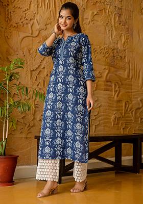 Blue Printed Pure Cotton Kurta