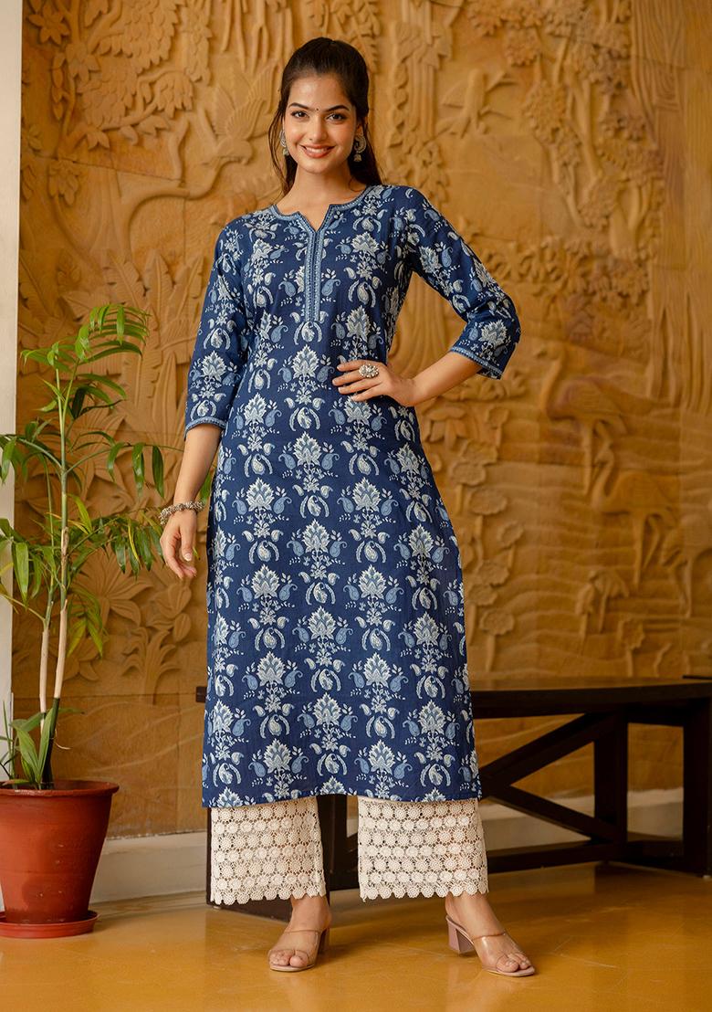 Blue Printed Pure Cotton Kurta - Indya