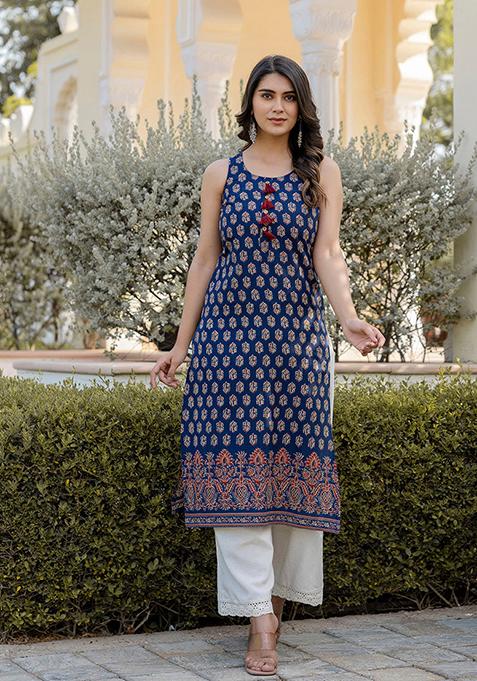 Blue Printed Pure Cotton Kurta