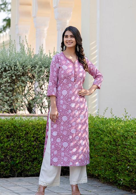 Mauve Printed Pure Cotton Kurta