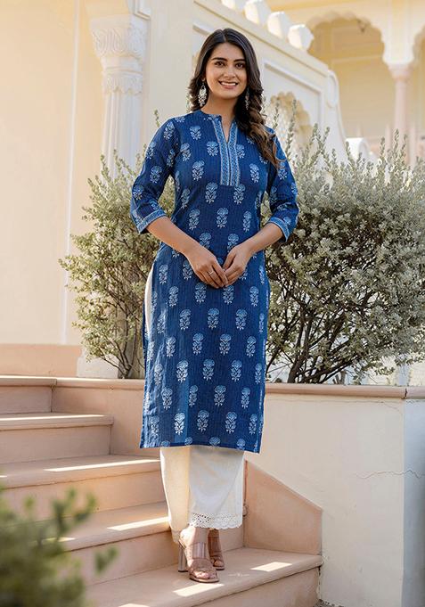 Blue Printed Pure Cotton Kurta