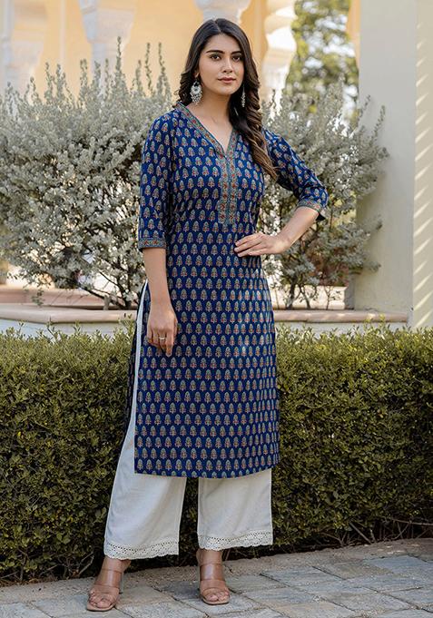 Blue Printed Pure Cotton Kurta