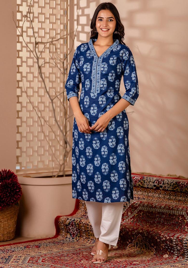 Blue Printed Pure Cotton Kurta - Indya