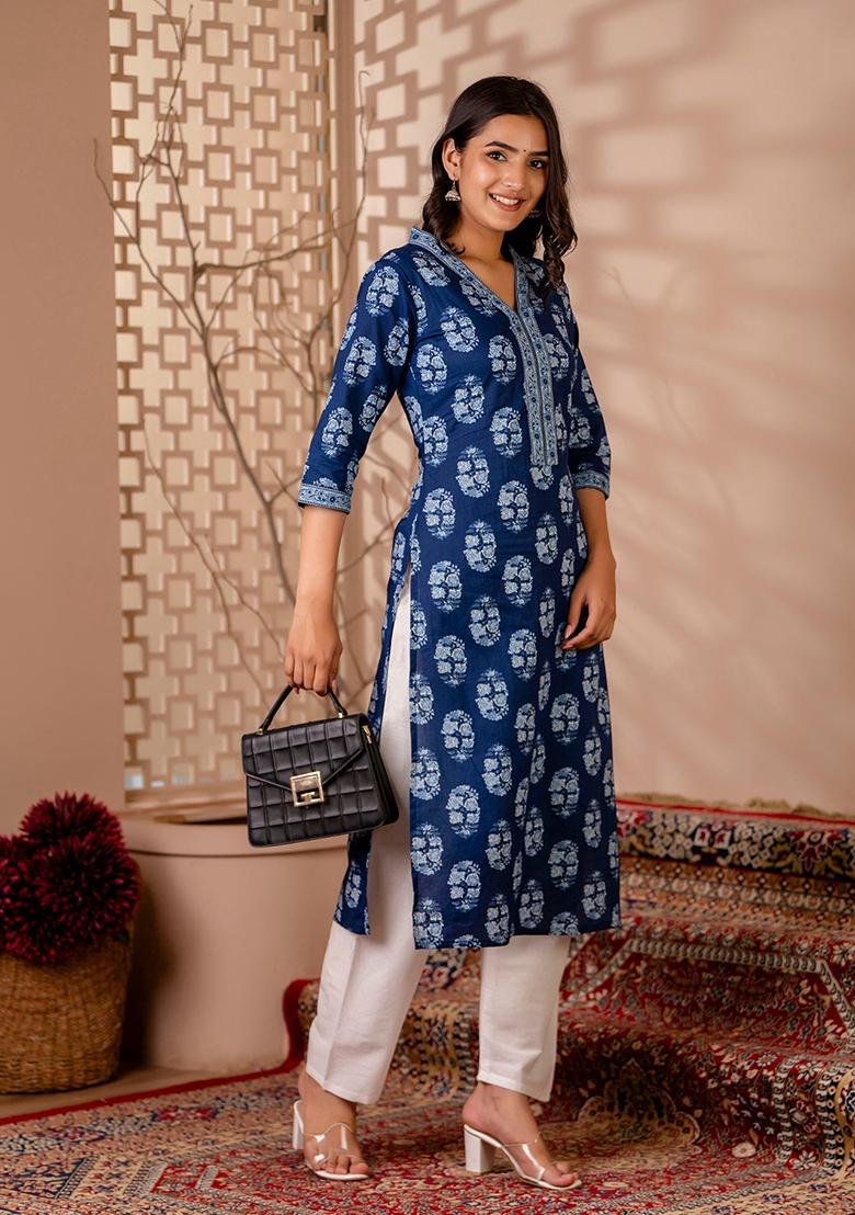 Blue Printed Pure Cotton Kurta - Indya