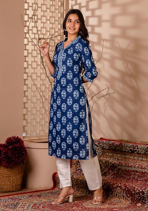 Blue Printed Pure Cotton Kurta