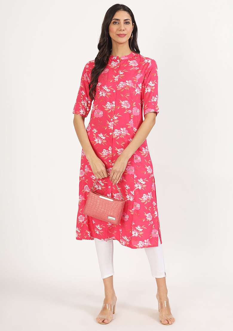 Blue Floral Print Viscose Rayon Kurta - Indya