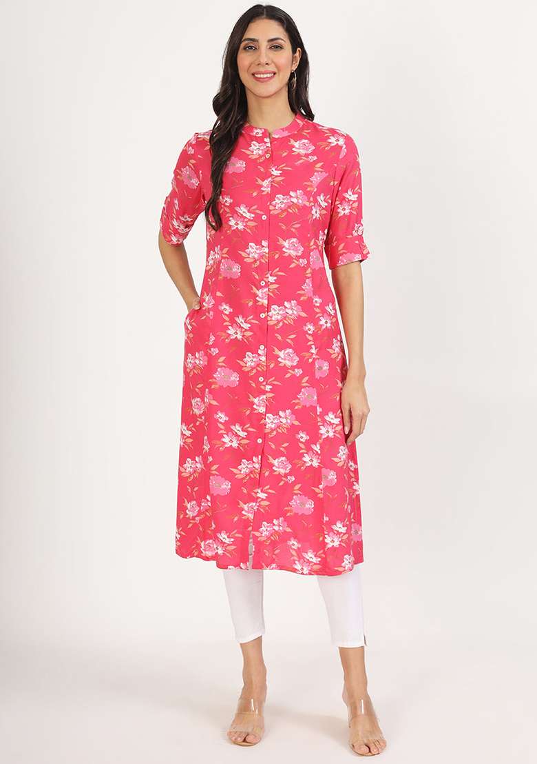 Blue Floral Print Viscose Rayon Kurta - Indya