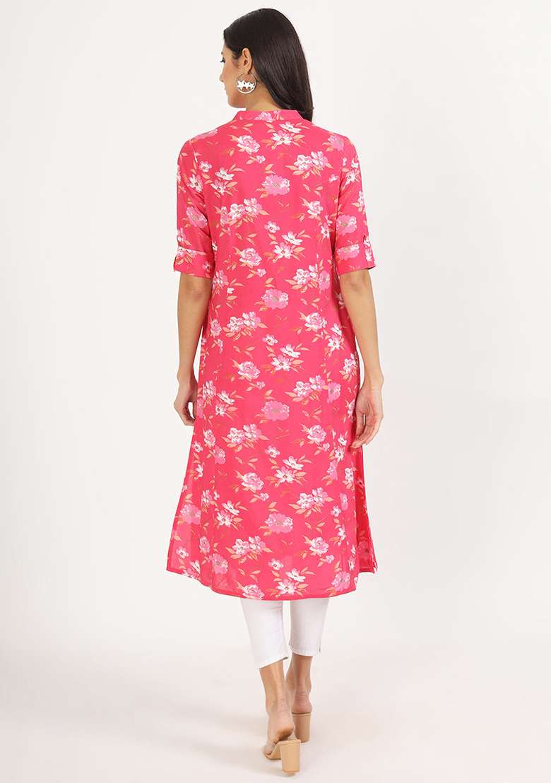 Blue Floral Print Viscose Rayon Kurta - Indya