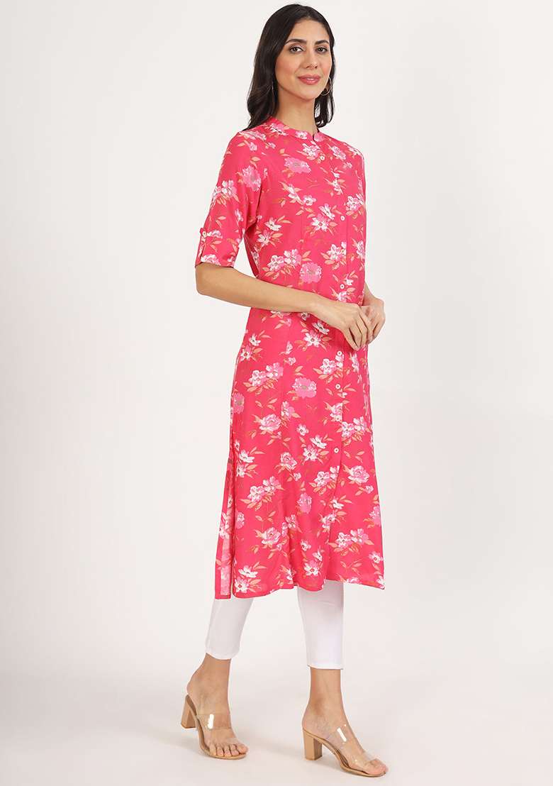 Blue Floral Print Viscose Rayon Kurta - Indya