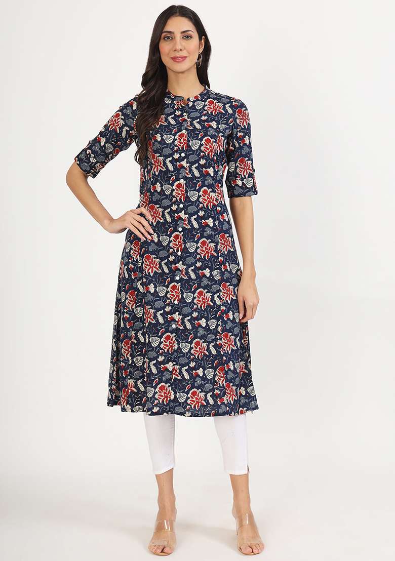 Black Floral Print Viscose Kurta - Indya