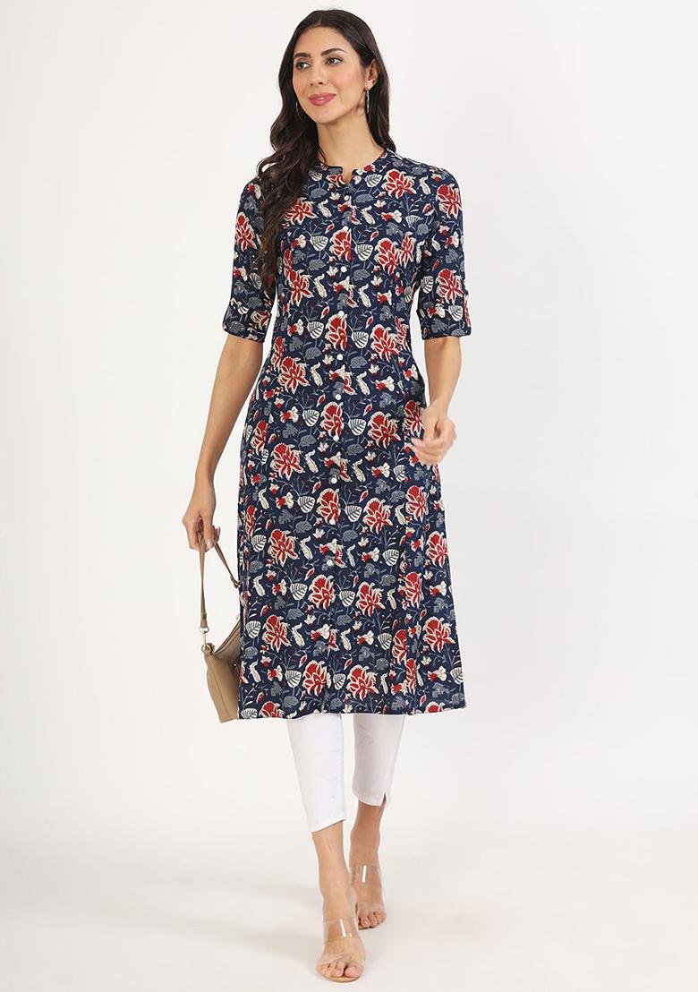 Black Floral Print Viscose Rayon Kurta - Indya