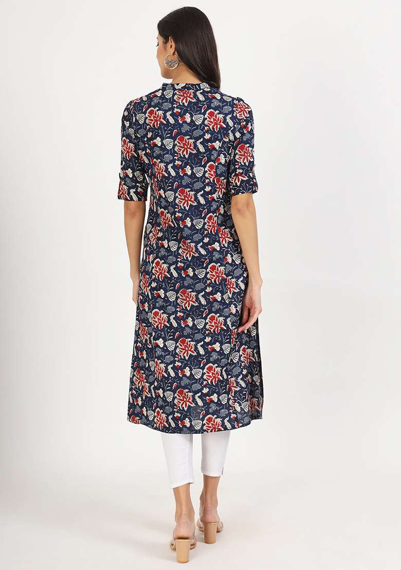 Black Floral Print Viscose Kurta - Indya