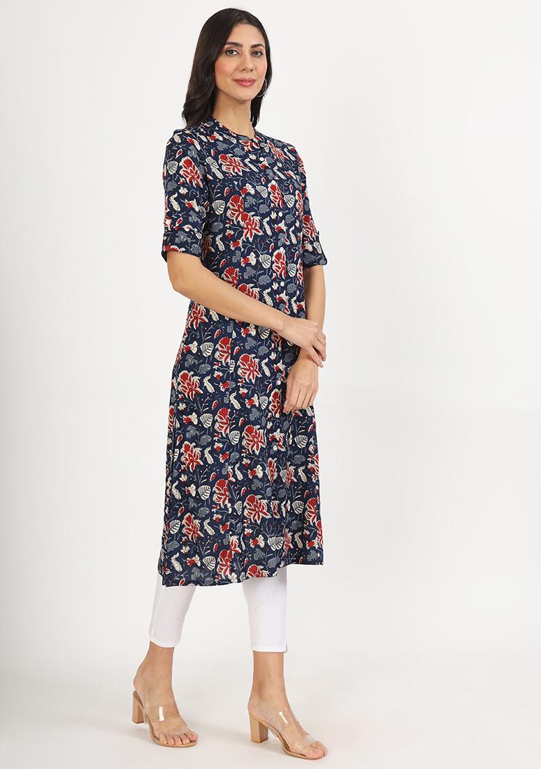 Black Floral Print Viscose Rayon Kurta - Indya