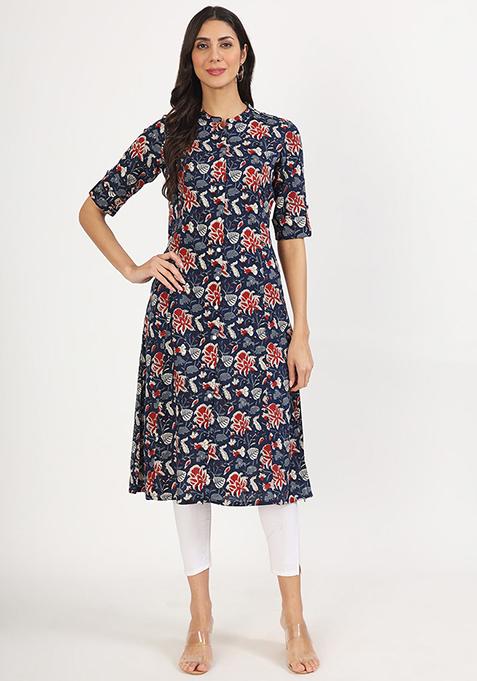 Black Floral Print Viscose Kurta