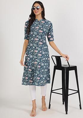 Navy Blue Floral Print Viscose Rayon Kurta