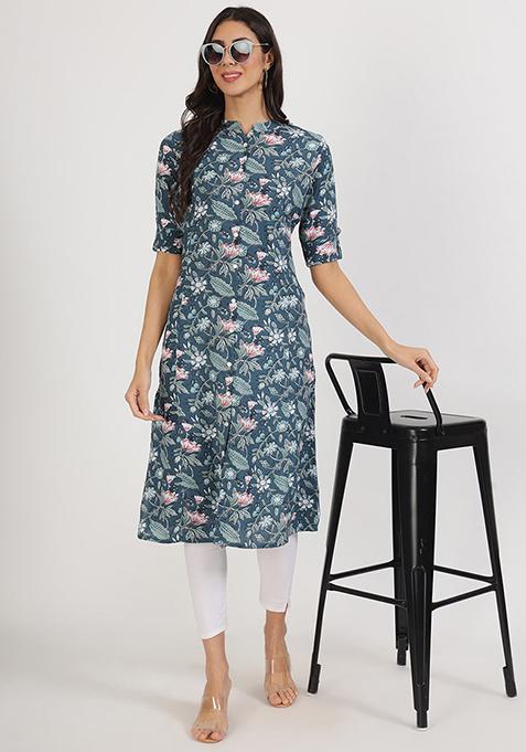 Navy Blue Floral Print Viscose Kurta