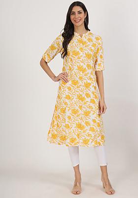 Yellow Floral Print Viscose Rayon Kurta