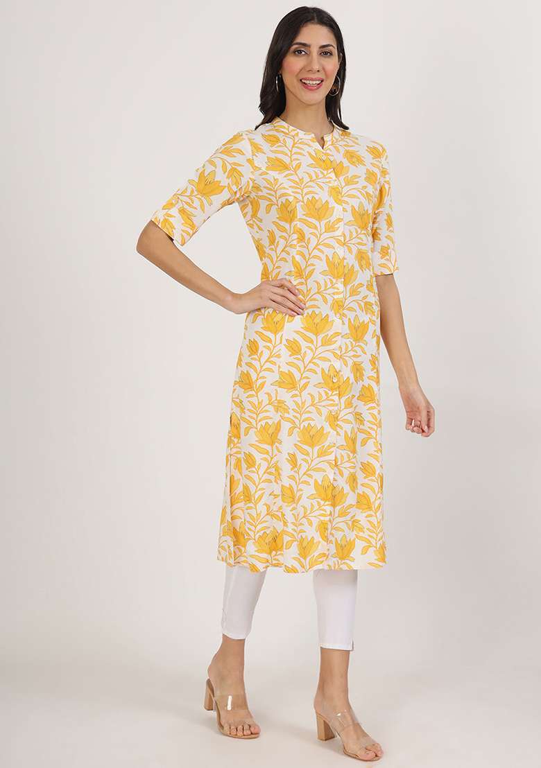 Yellow Floral Print Viscose Rayon Kurta - Indya