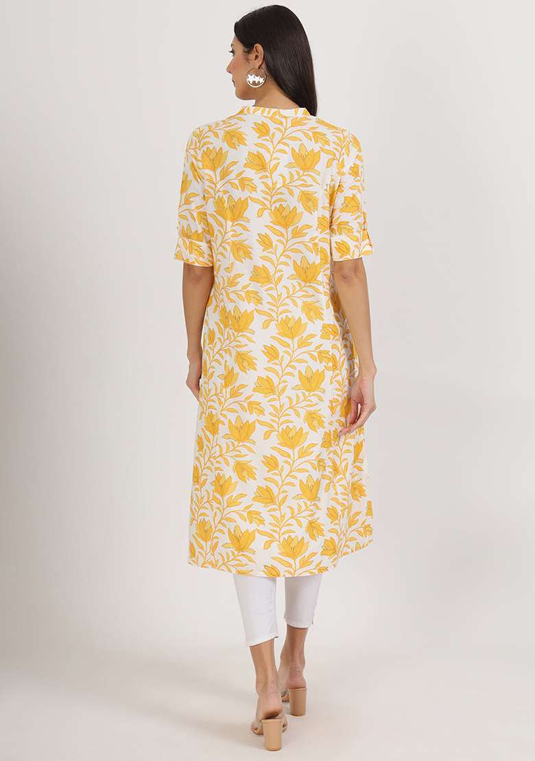 Yellow Floral Print Viscose Rayon Kurta - Indya