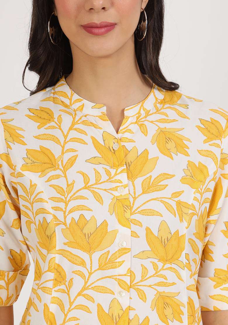 Yellow Floral Print Viscose Rayon Kurta - Indya