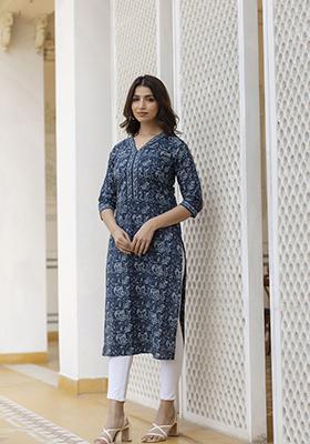 Navy Blue Floral Print Pure Cotton Kurta