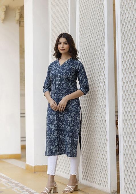 Navy Blue Floral Print Pure Cotton Kurta