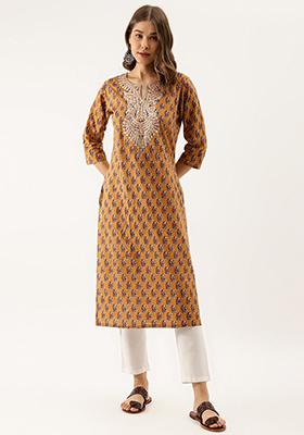 Brown Floral Print Cotton Kurta