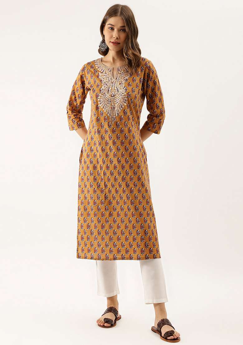 Brown Printed Cotton Kurta - Indya