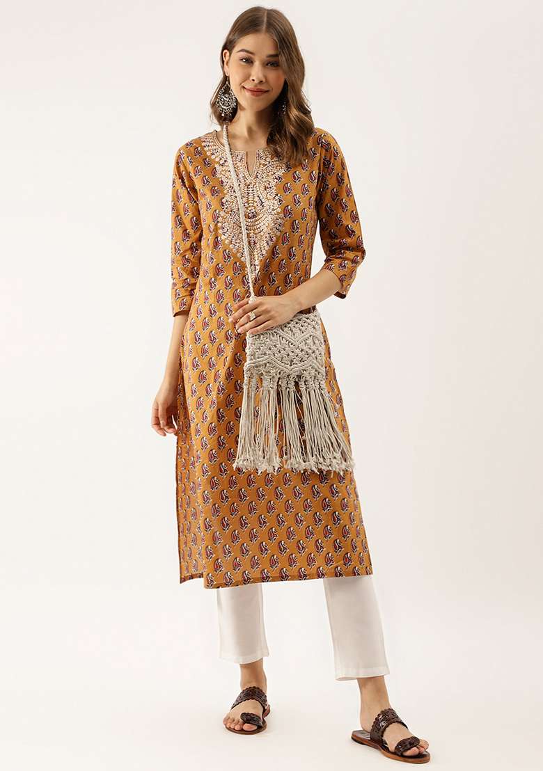 Brown Printed Cotton Kurta - Indya