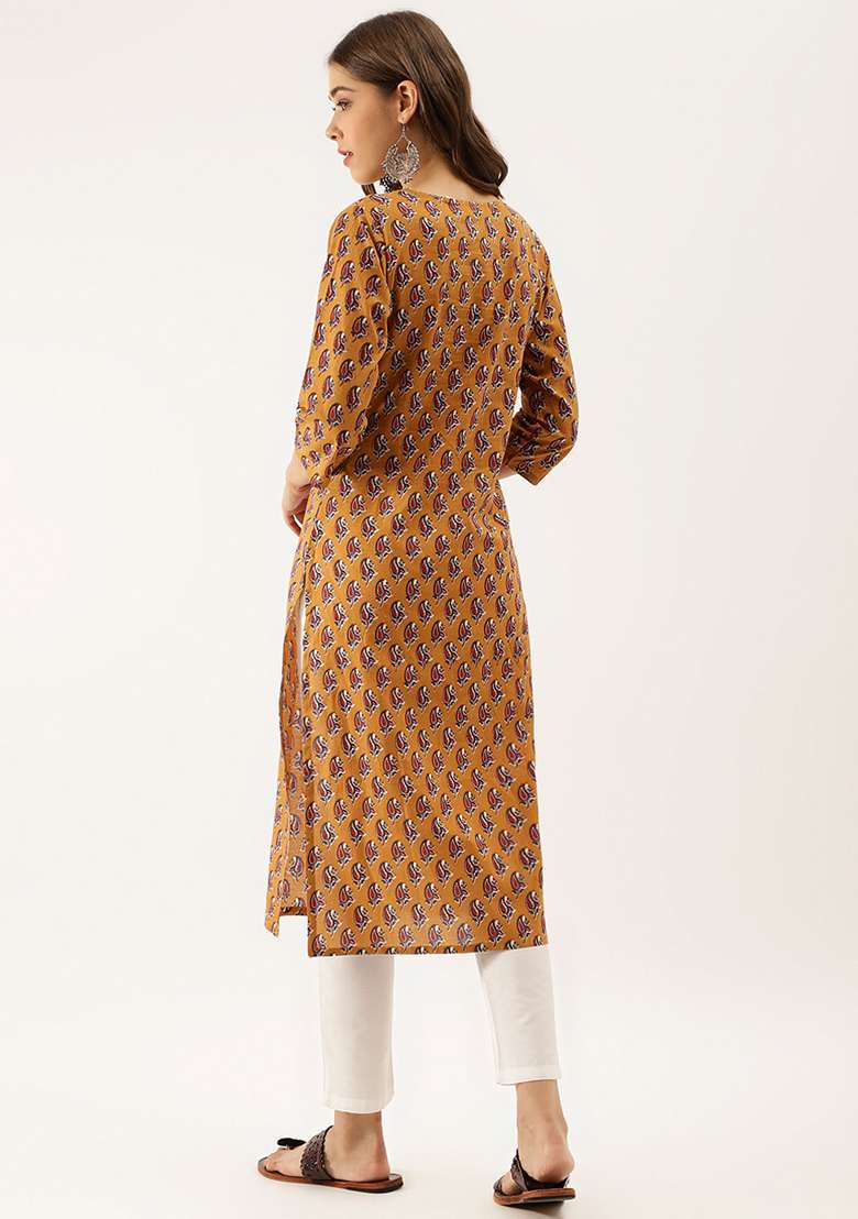 Brown Printed Cotton Kurta - Indya