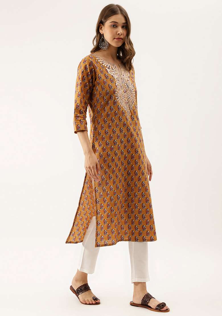 Brown Printed Cotton Kurta - Indya