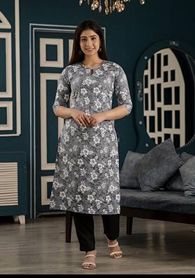 Grey Printed Pure Cotton Kurta
