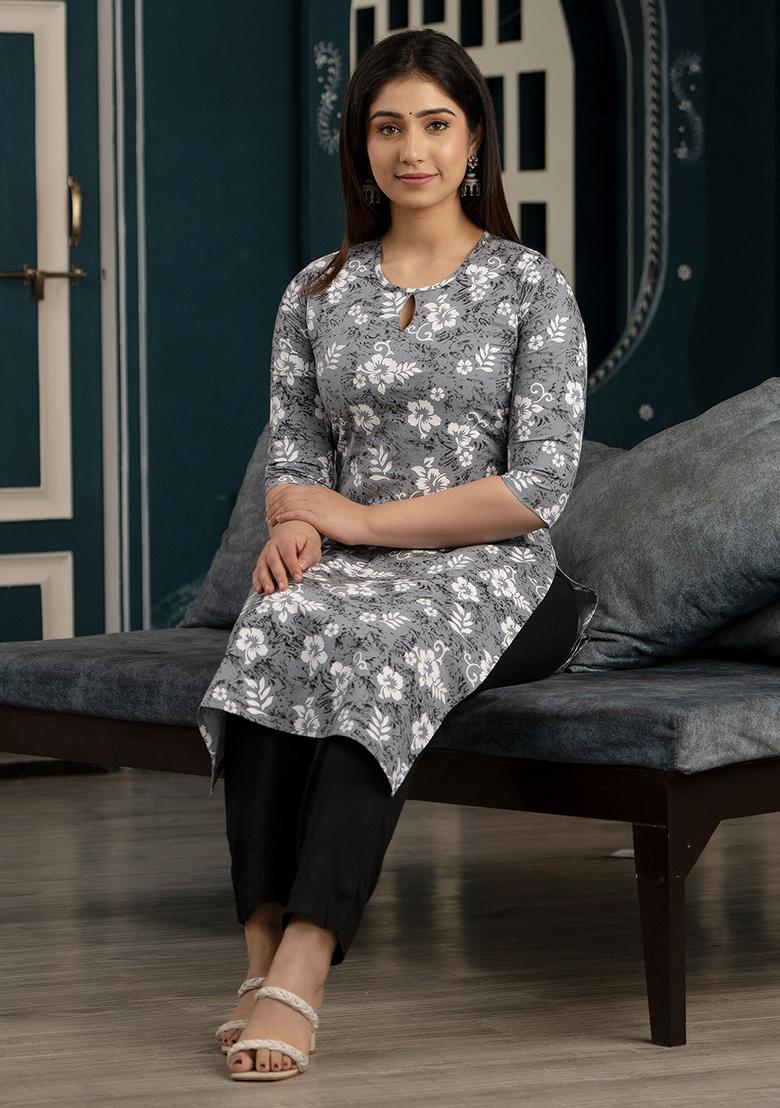 Grey Printed Pure Cotton Kurta - Indya
