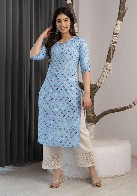 Blue Printed Pure Cotton Kurta